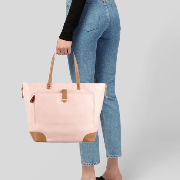 Tory Burch Pink Tan Orange Zip Leather Shoulder Work Tote Bag - Picture 2 of 9